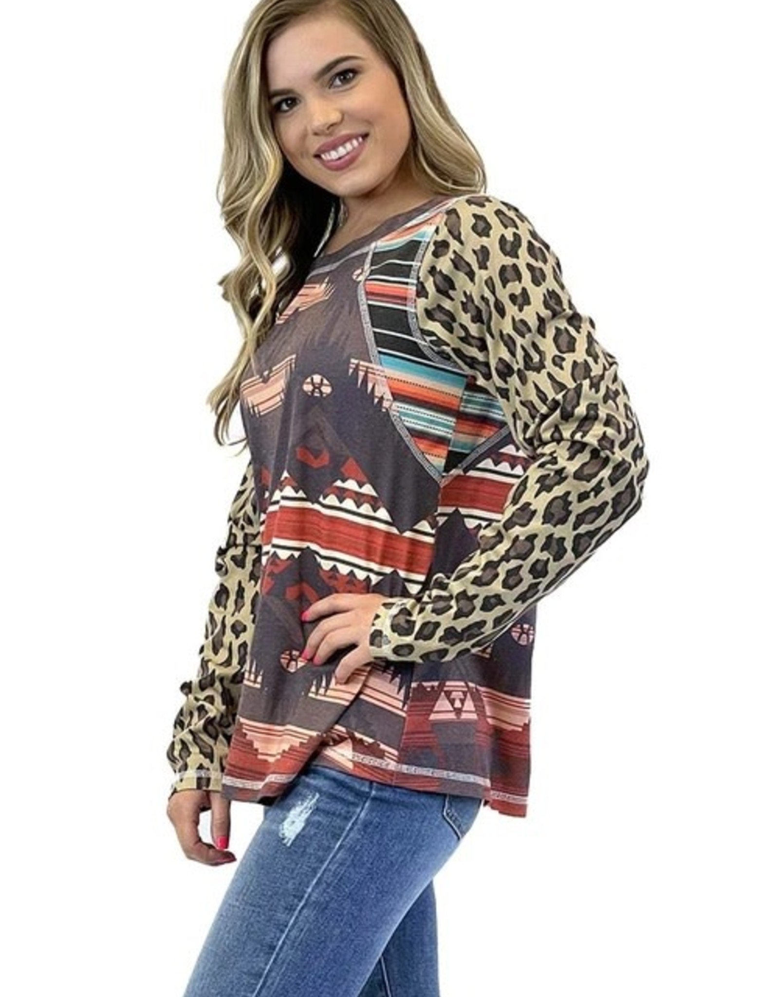 Womens Leopard Long Sleeve Aztec Serape  Shirt