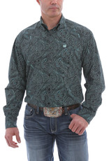 Cinch Mens Cinch Long Sleeve Button Black Teal Paisley Print Shirt