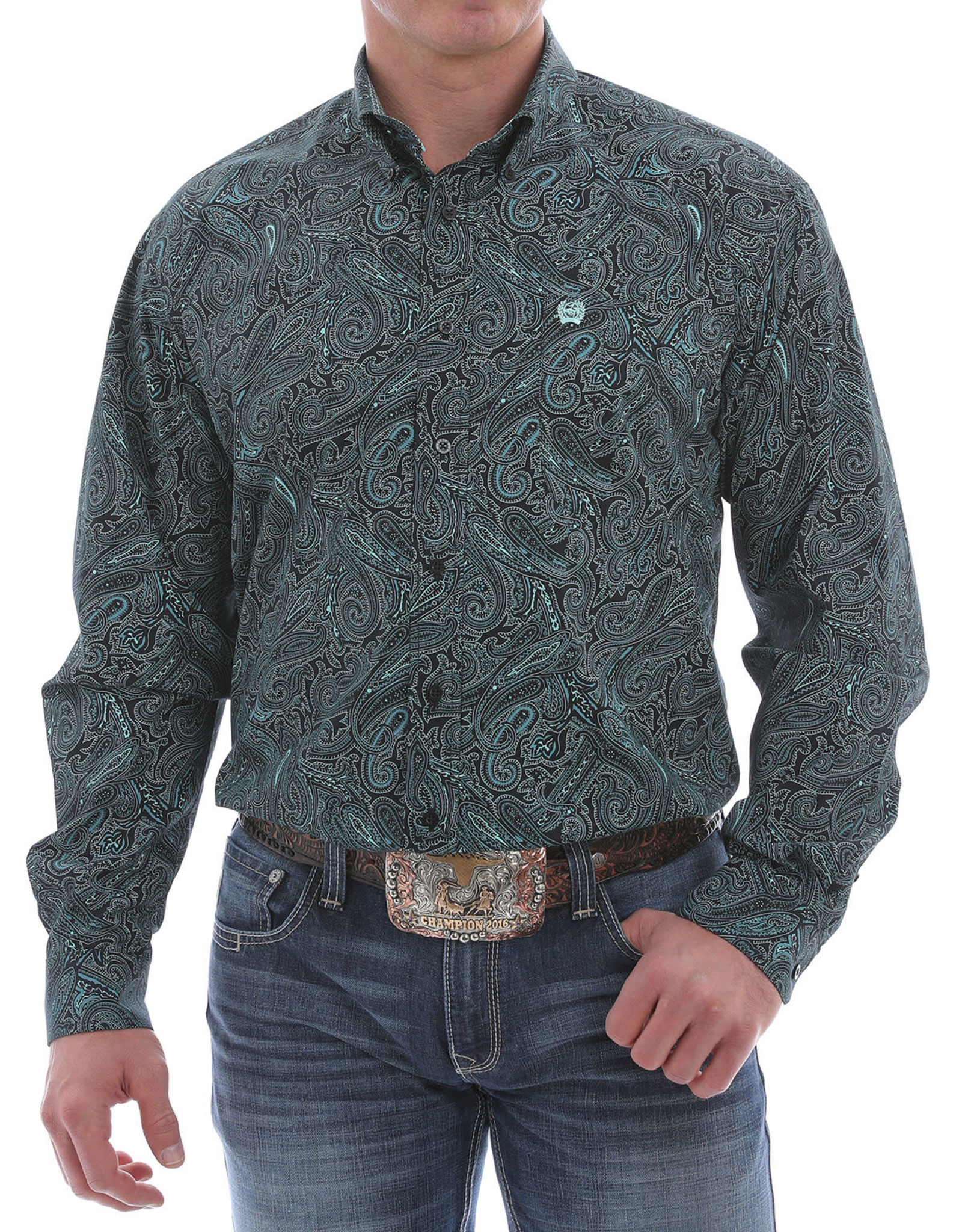 Cinch Mens Cinch Long Sleeve Button Black Teal Paisley Print Shirt