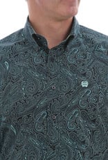 Cinch Mens Cinch Long Sleeve Button Black Teal Paisley Print Shirt