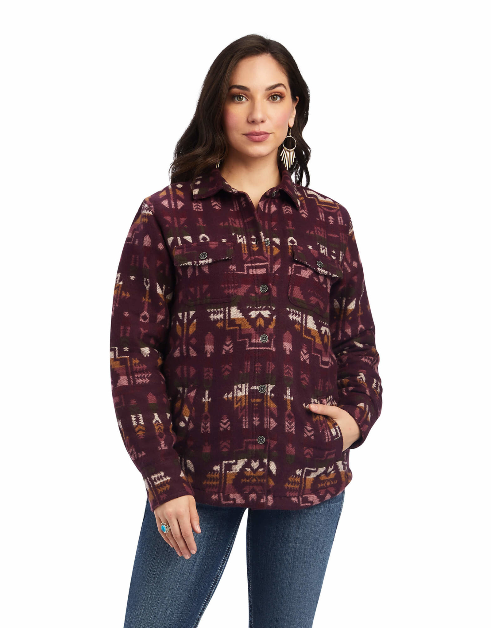 Ariat Ariat Womens Quilted Burgundy Aztec Shacket Shirt Jacket
