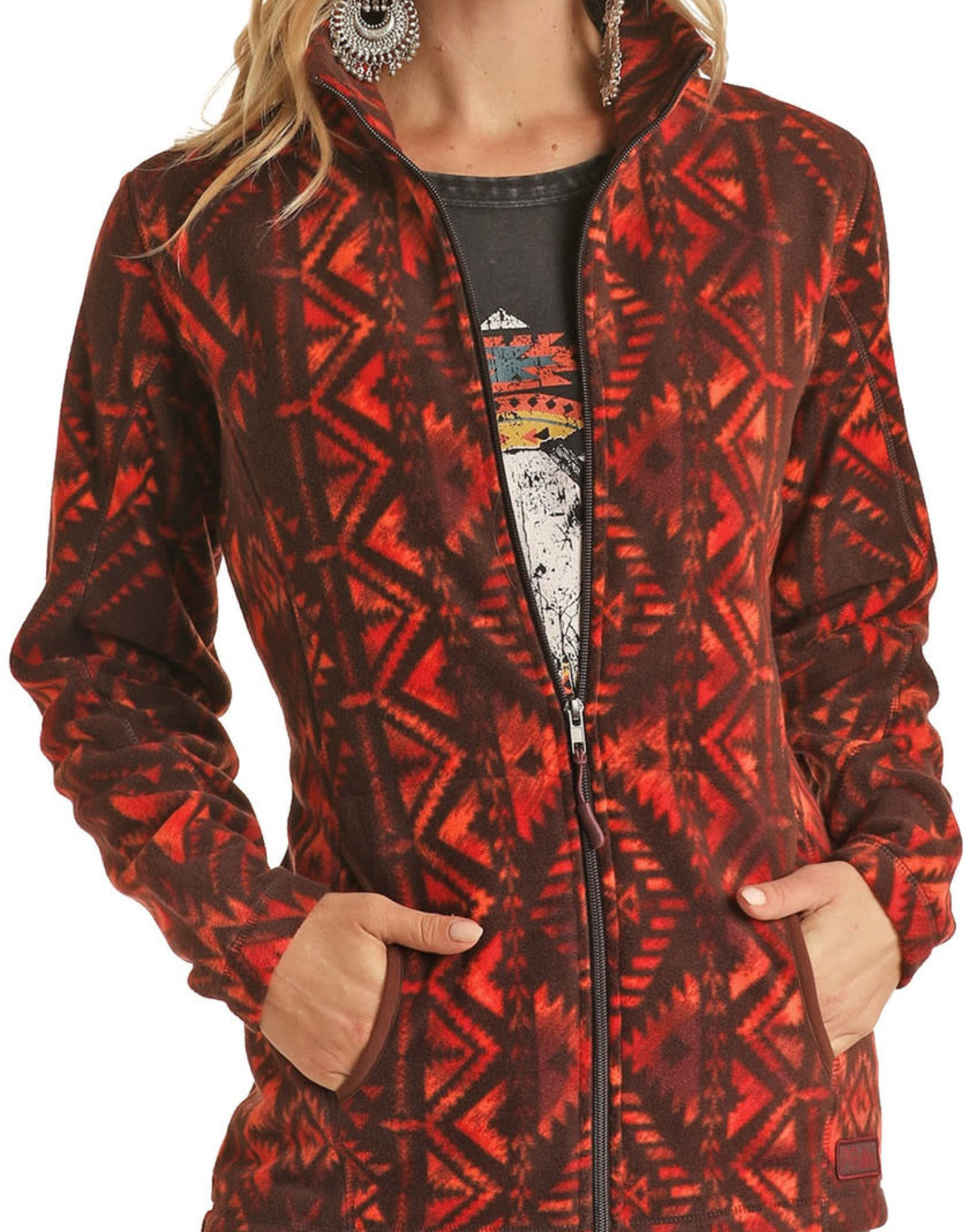 Womens Powder River Red Orange Aztec Fleece Zipper Jacket