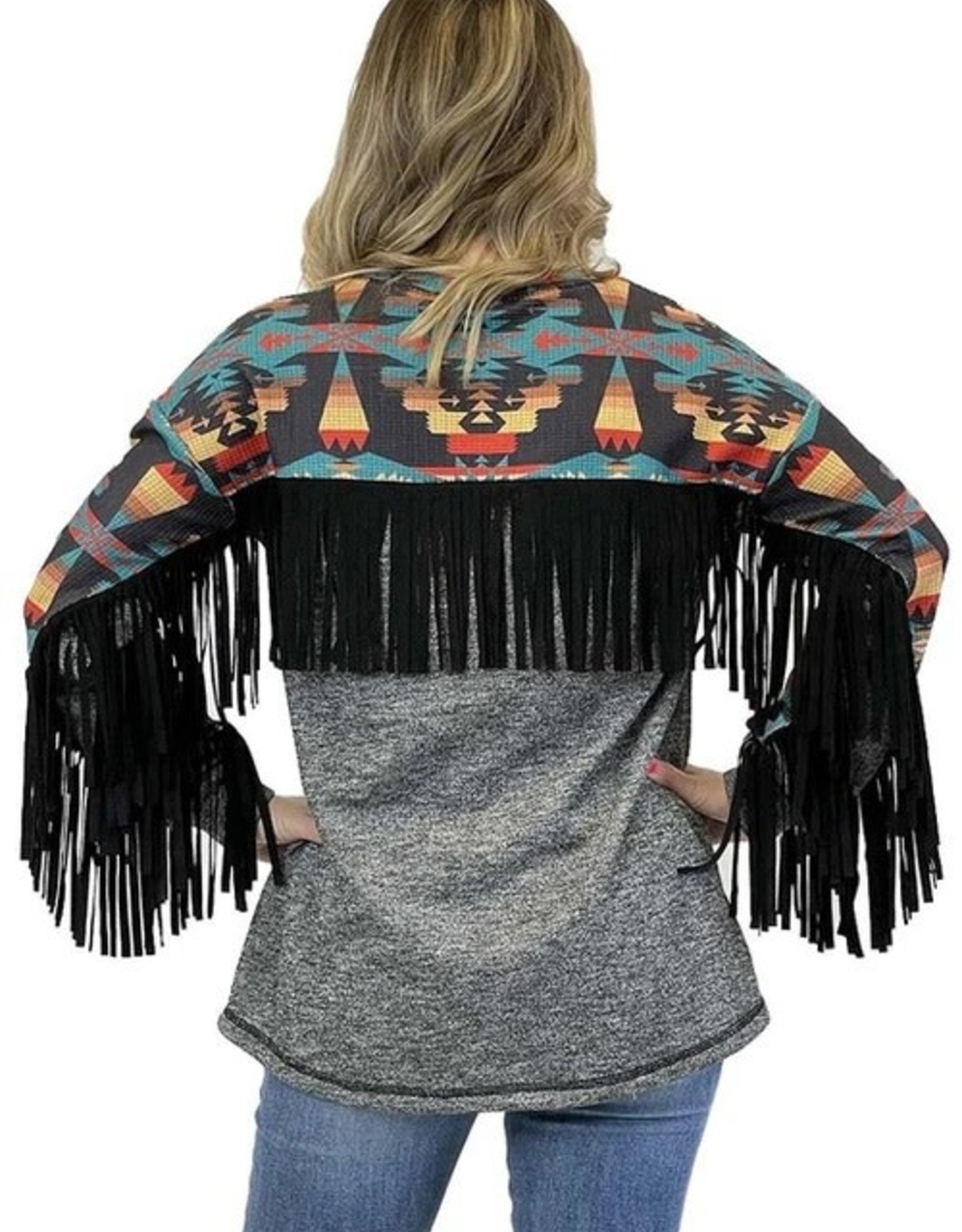 Womens Aztec Block Long Sleeve Top with Fringe