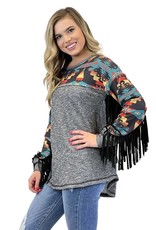 Womens Aztec Block Long Sleeve Top with Fringe