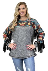 Womens Aztec Block Long Sleeve Top with Fringe