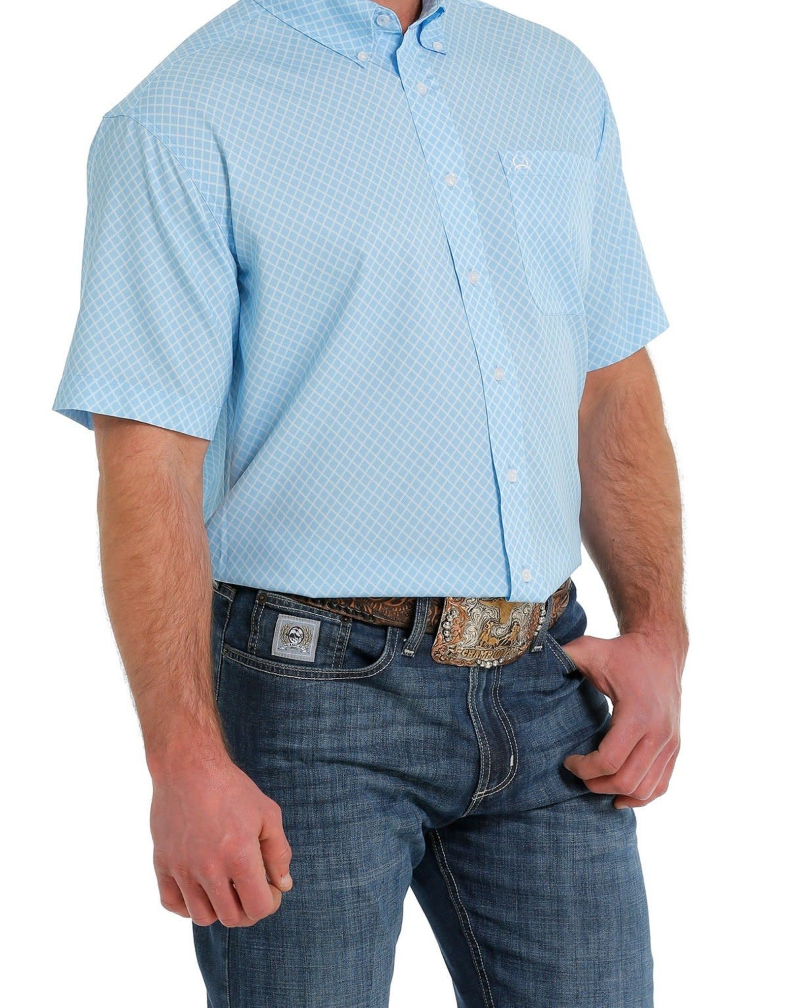 Cinch Mens Cinch  ArenaFlex Light Blue Print Short Sleeve Button Shirt