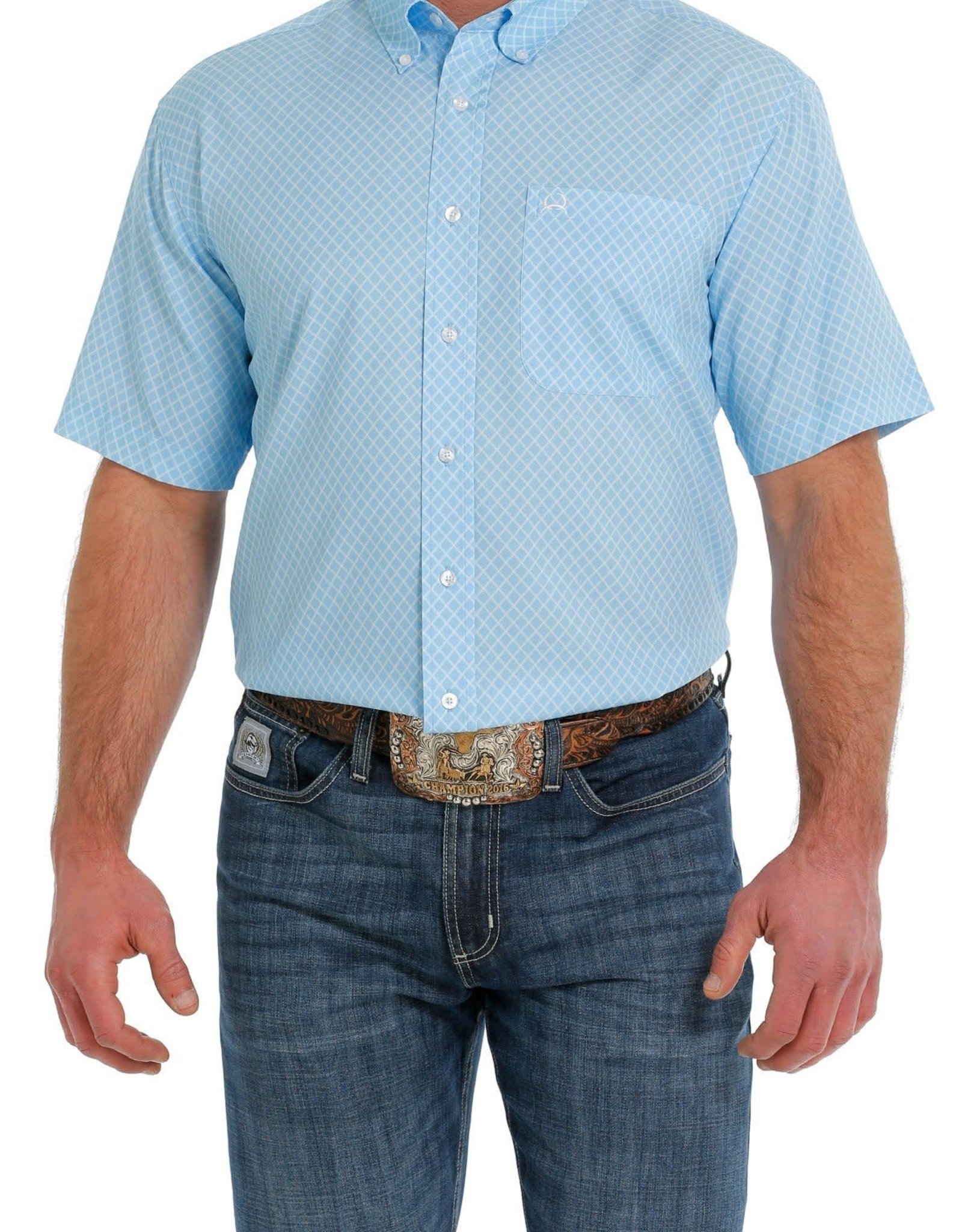 Cinch Mens Cinch  ArenaFlex Light Blue Print Short Sleeve Button Shirt