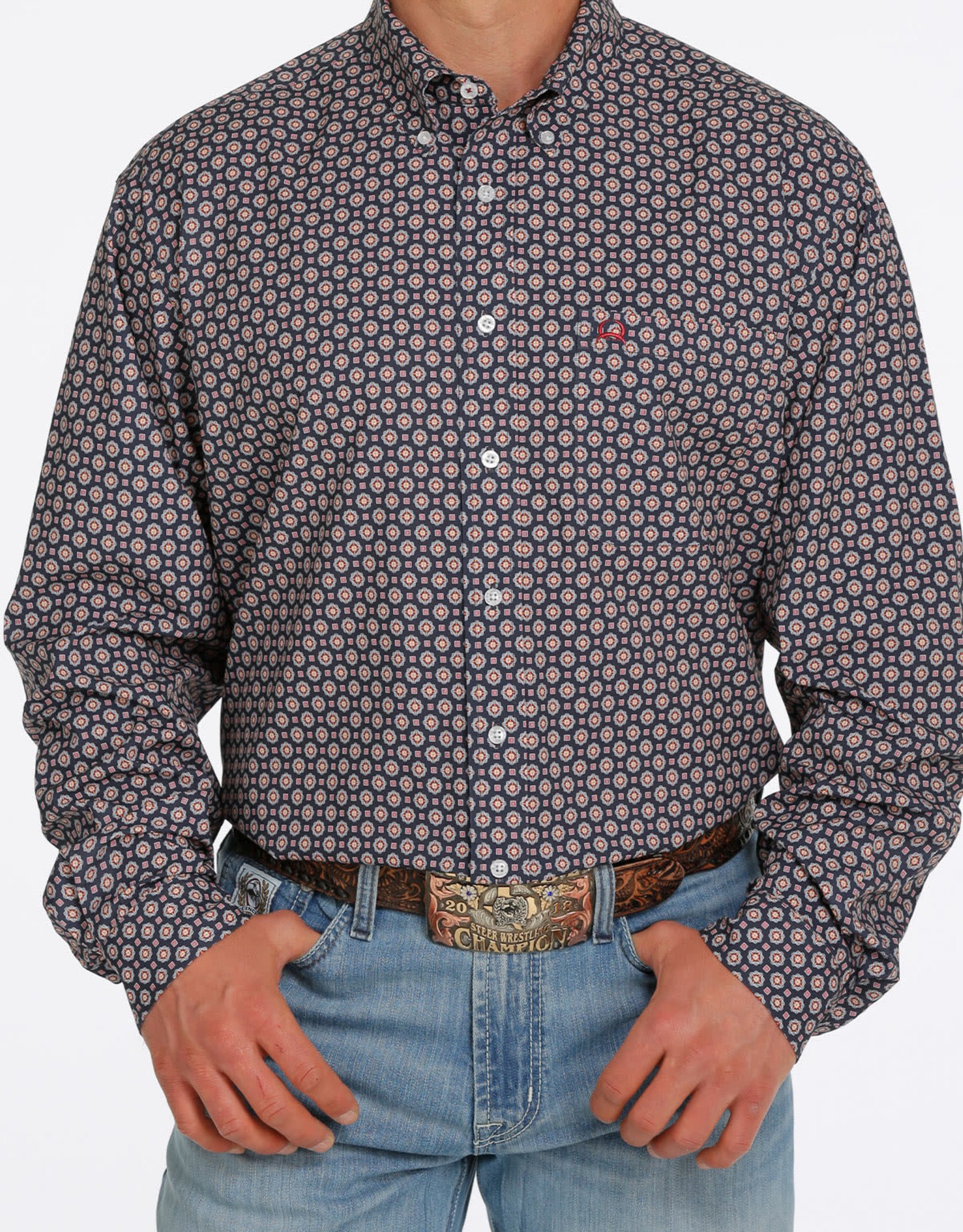 Cinch Mens Cinch Long Sleeve Navy Burgundy Print Arena Flex Western Button Shirt