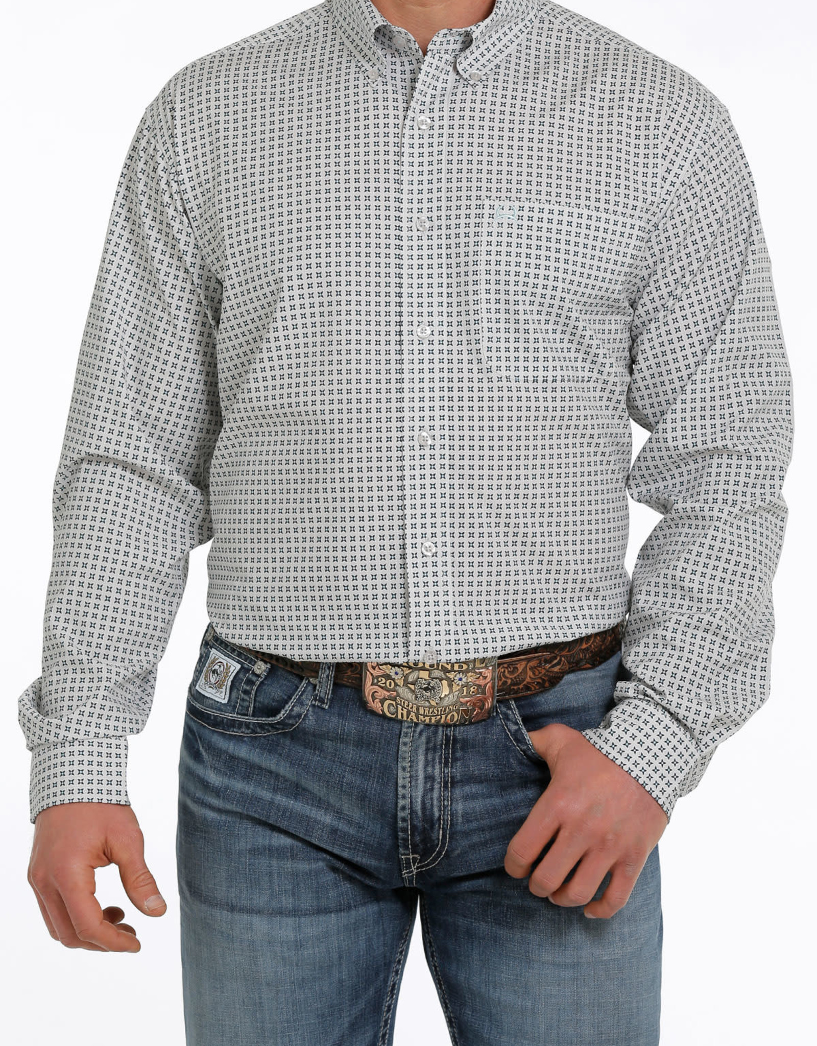 Cinch Mens Cinch Long Sleeve Light Grey Teal Print Arena Flex Western Button Shirt