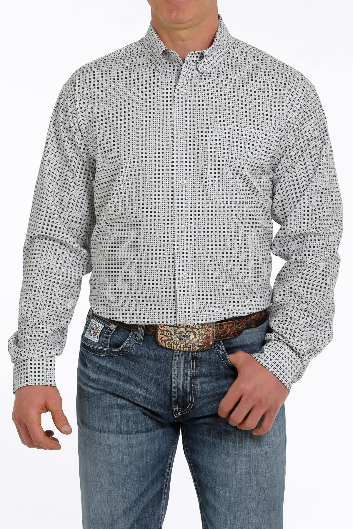 Mens Cinch Long Sleeve Light Grey Teal Print Arena Flex Western Button ...