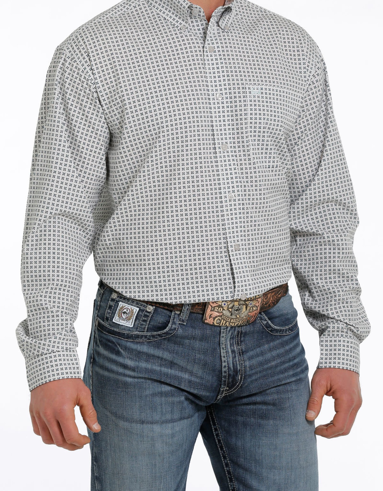 Cinch Mens Cinch Long Sleeve Light Grey Teal Print Arena Flex Western Button Shirt