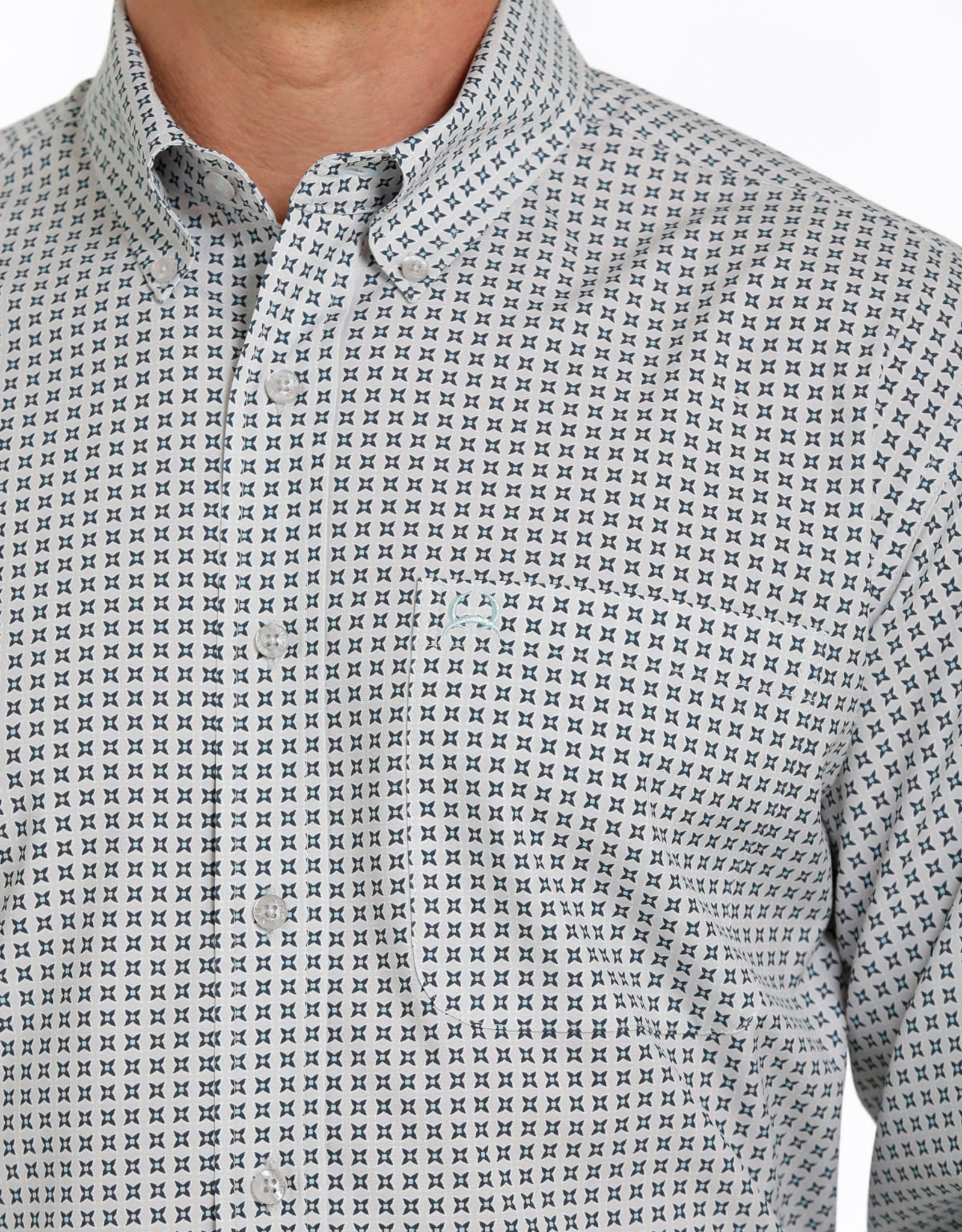 Cinch Mens Cinch Long Sleeve Light Grey Teal Print Arena Flex Western Button Shirt