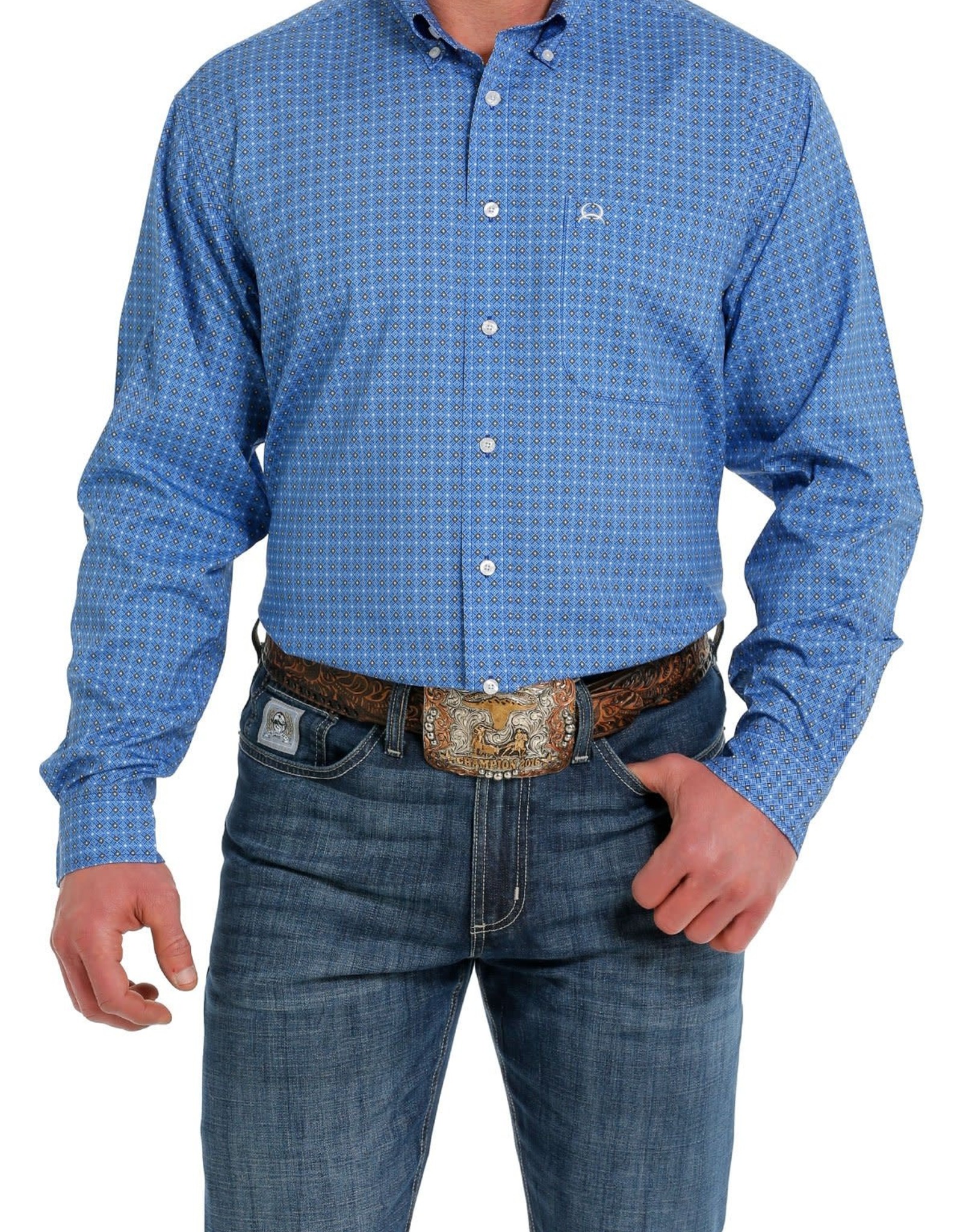 Cinch Mens Cinch Long Sleeve Royal Blue Print Arena Flex Western Button Shirt