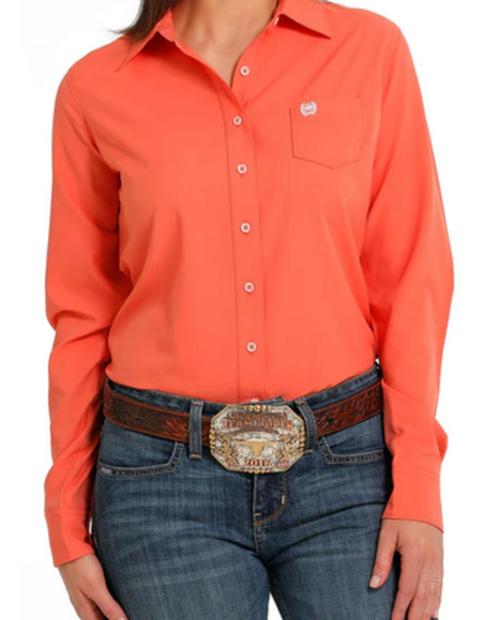 Cinch Womens Cinch Solid Coral Arena Flex Long Sleeve Button Western Shirt