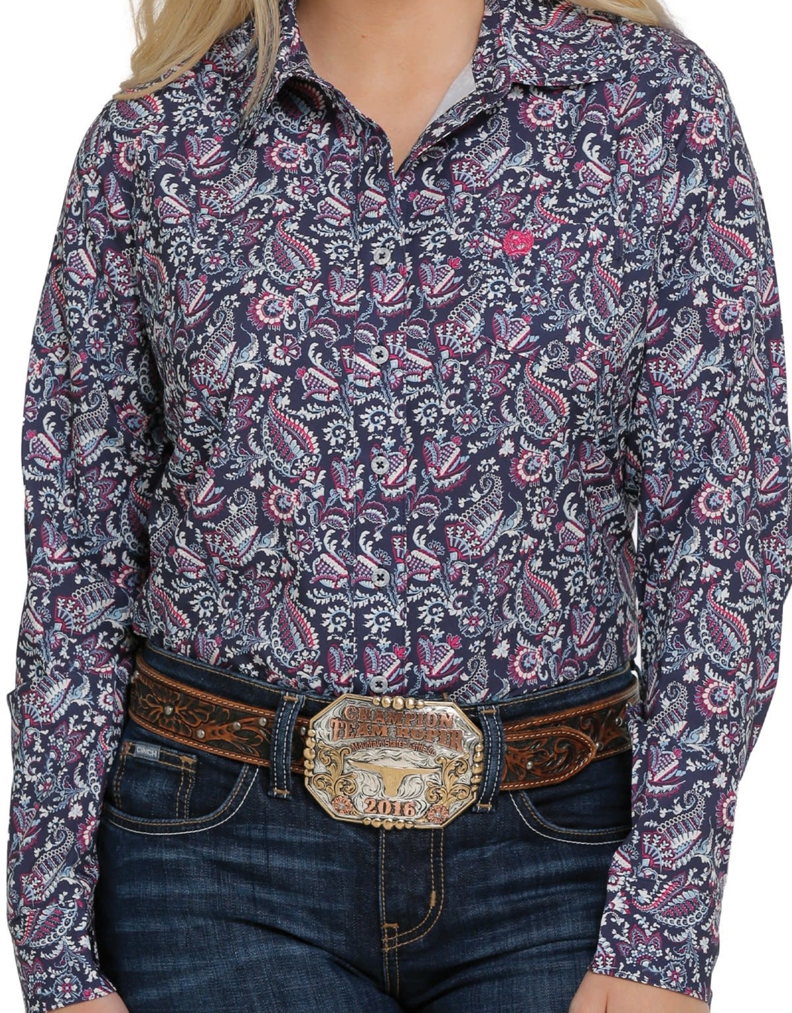 Cinch Womens Cinch Arena Flex Navy Pink Print Button Western Shirt