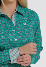Cinch Cinch Womens Green Medallion Print Long Sleeve Button Down Western Shirt