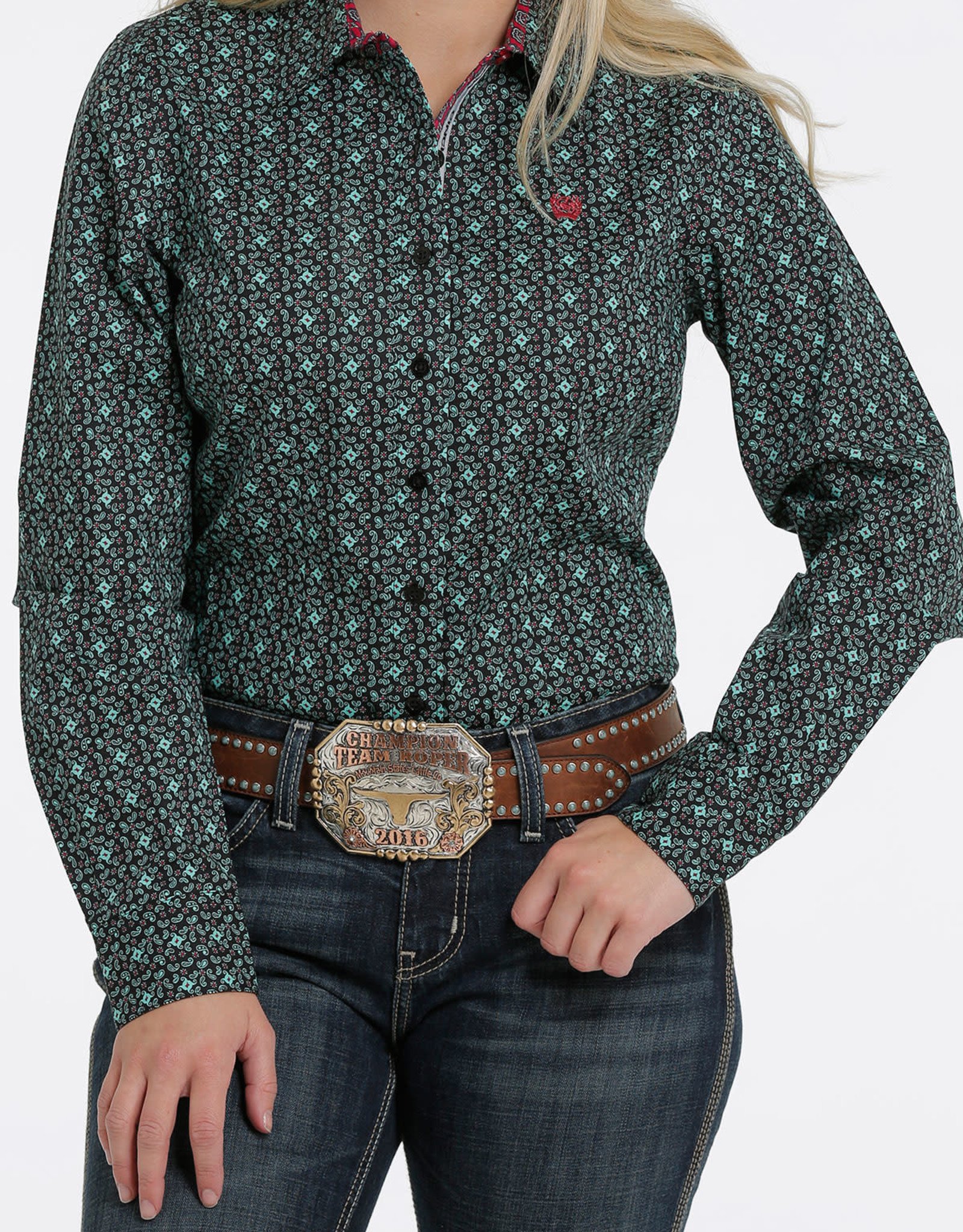 Womens Cinch Long Sleeve Black Green Western Button Shirt