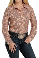 Cinch Womens Cinch Light Orange Paisley Arena Flex Long Sleeve Button Western Shirt