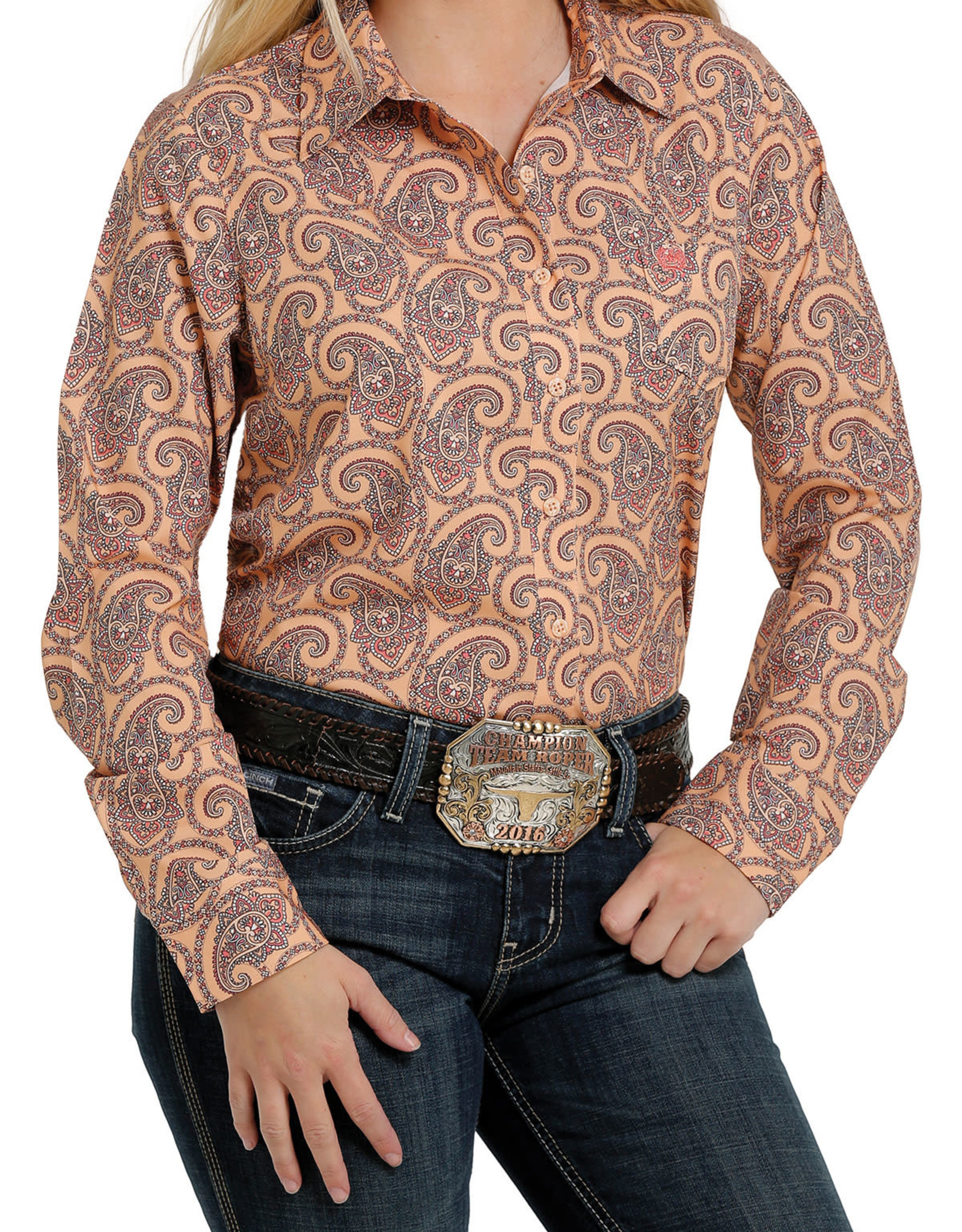 Cinch Womens Cinch Light Orange Paisley Arena Flex Long Sleeve Button Western Shirt