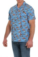 Cinch Mens Cinch Blue Cowboy Print Short Sleeve Western Button Camp Shirt