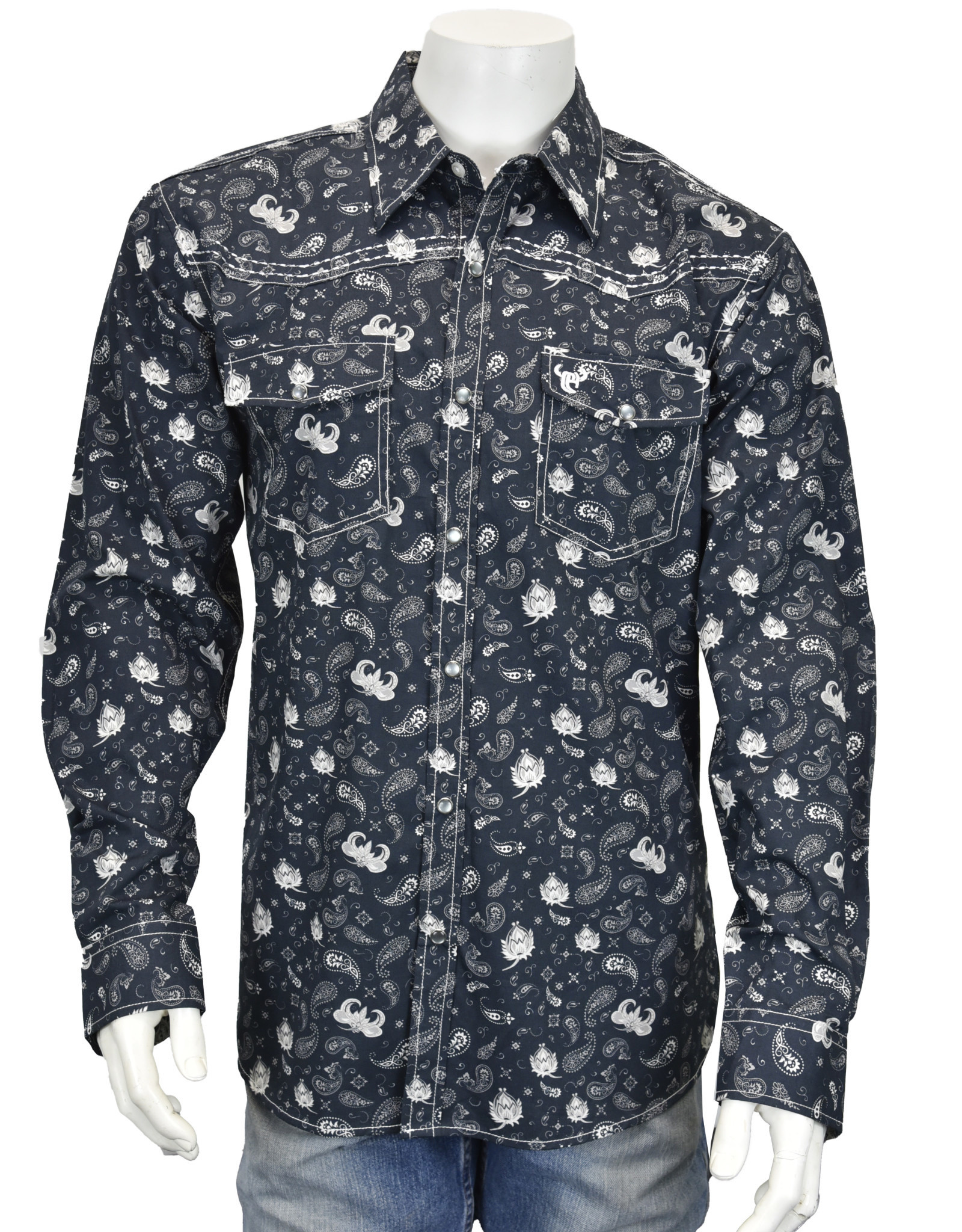 Cowboy Hardware Western Long Sleeve Black Paisley Floral Retro Snap Shirt