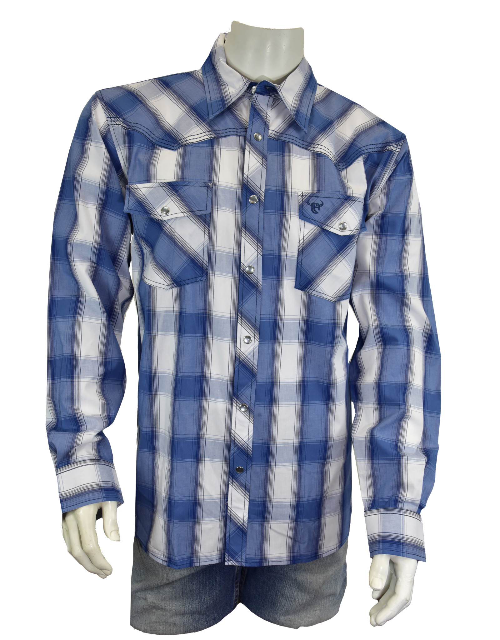 Mens Cowboy Hardware Hombre Blue Plaid Western Long Sleeve Snap Shirt