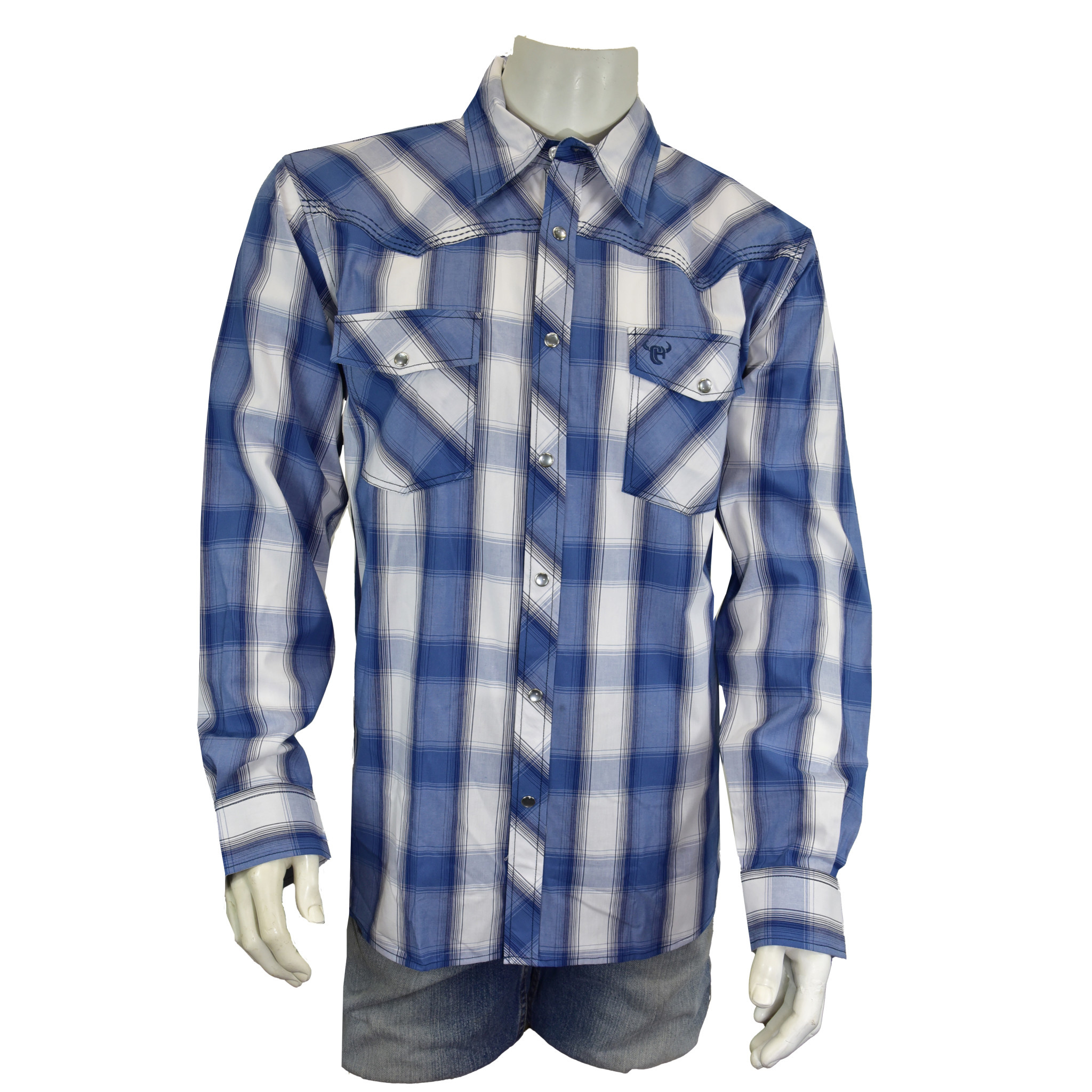 Mens Cowboy Hardware Hombre Blue Plaid Western Long Sleeve Snap