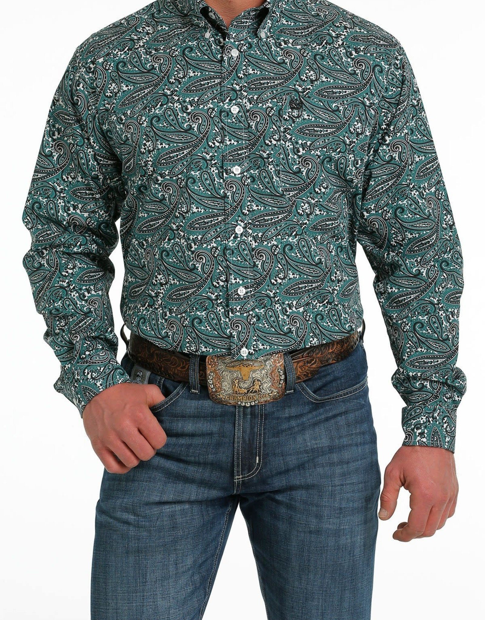 Cinch Mens Cinch Long Sleeve Teal Black Paisley Western Button Down Shirt