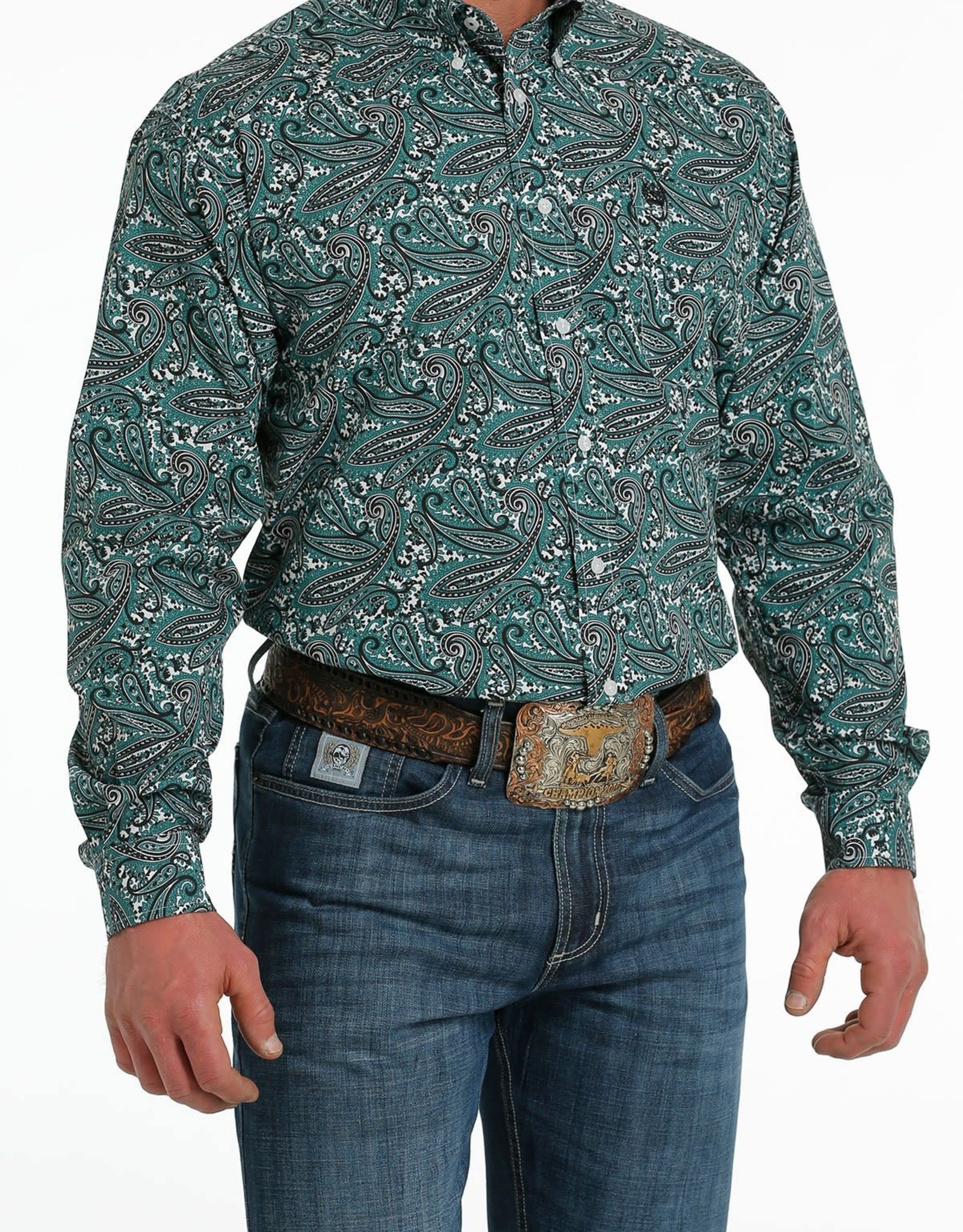 Cinch Mens Cinch Long Sleeve Teal Black Paisley Western Button Down Shirt