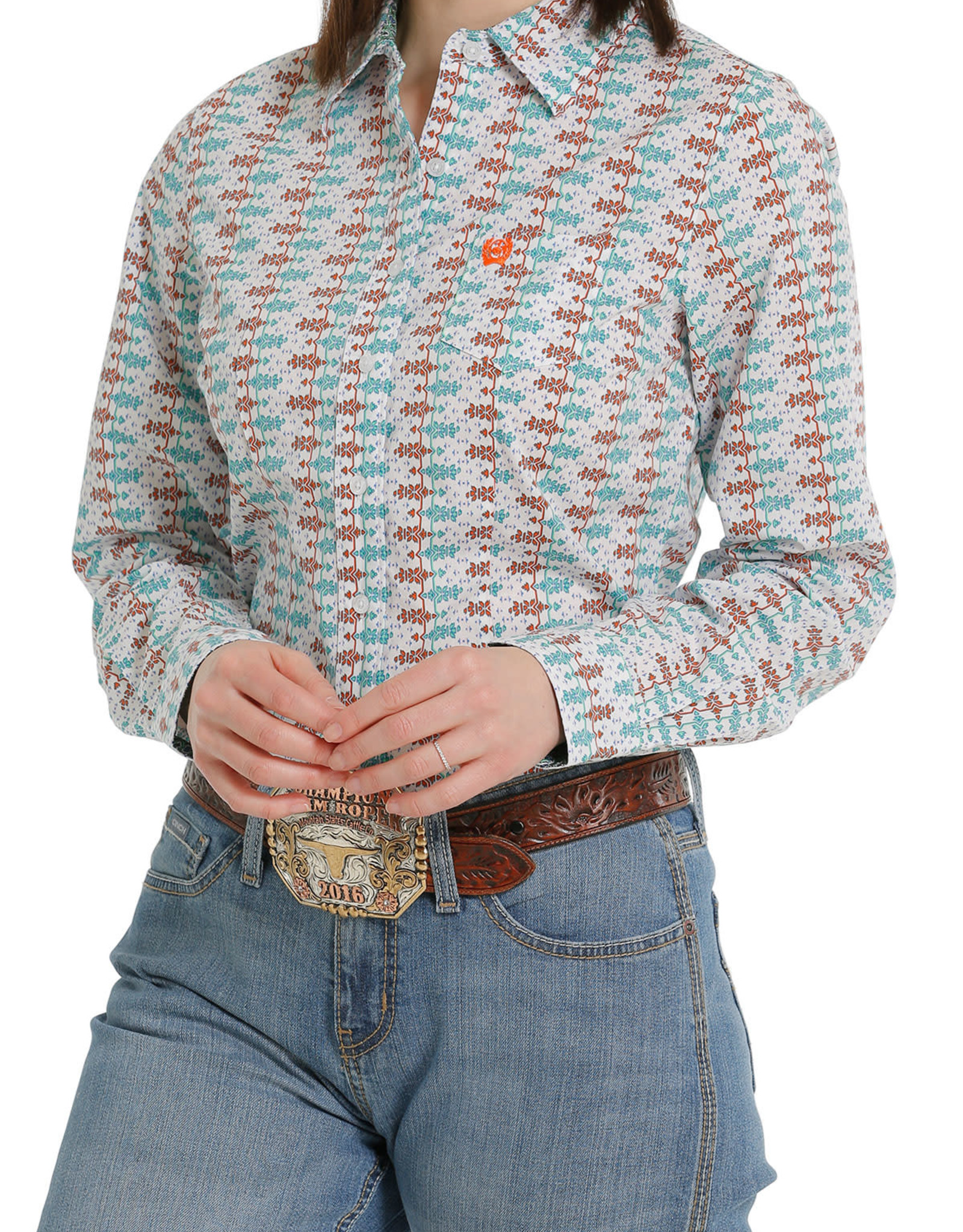 Cinch Womens Cinch White Orange Green Print Long Sleeve Button Down Western Arena Shirt