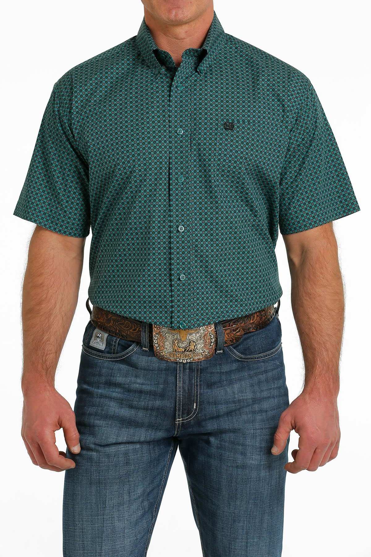WatsÜ* size130 Mens Cinch Short Sleeve Teal Geo Print Western Button Shirt