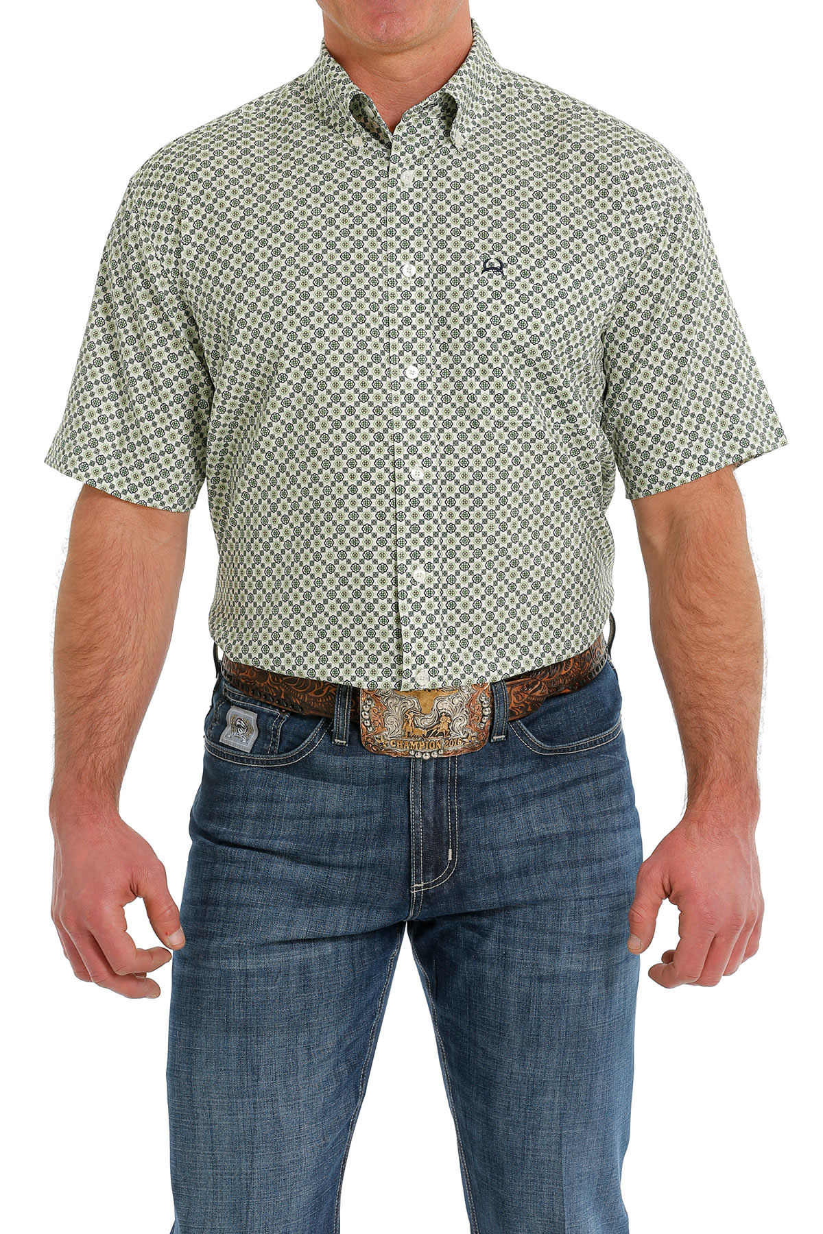 Mens Cinch ArenaFlex Cream Green Print Short Sleeve Button Shirt