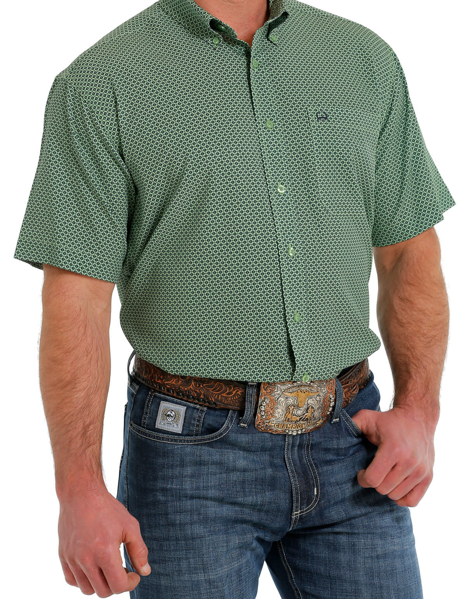 Cinch Mens Cinch ArenaFlex Green and Navy Short Sleeve Shirt