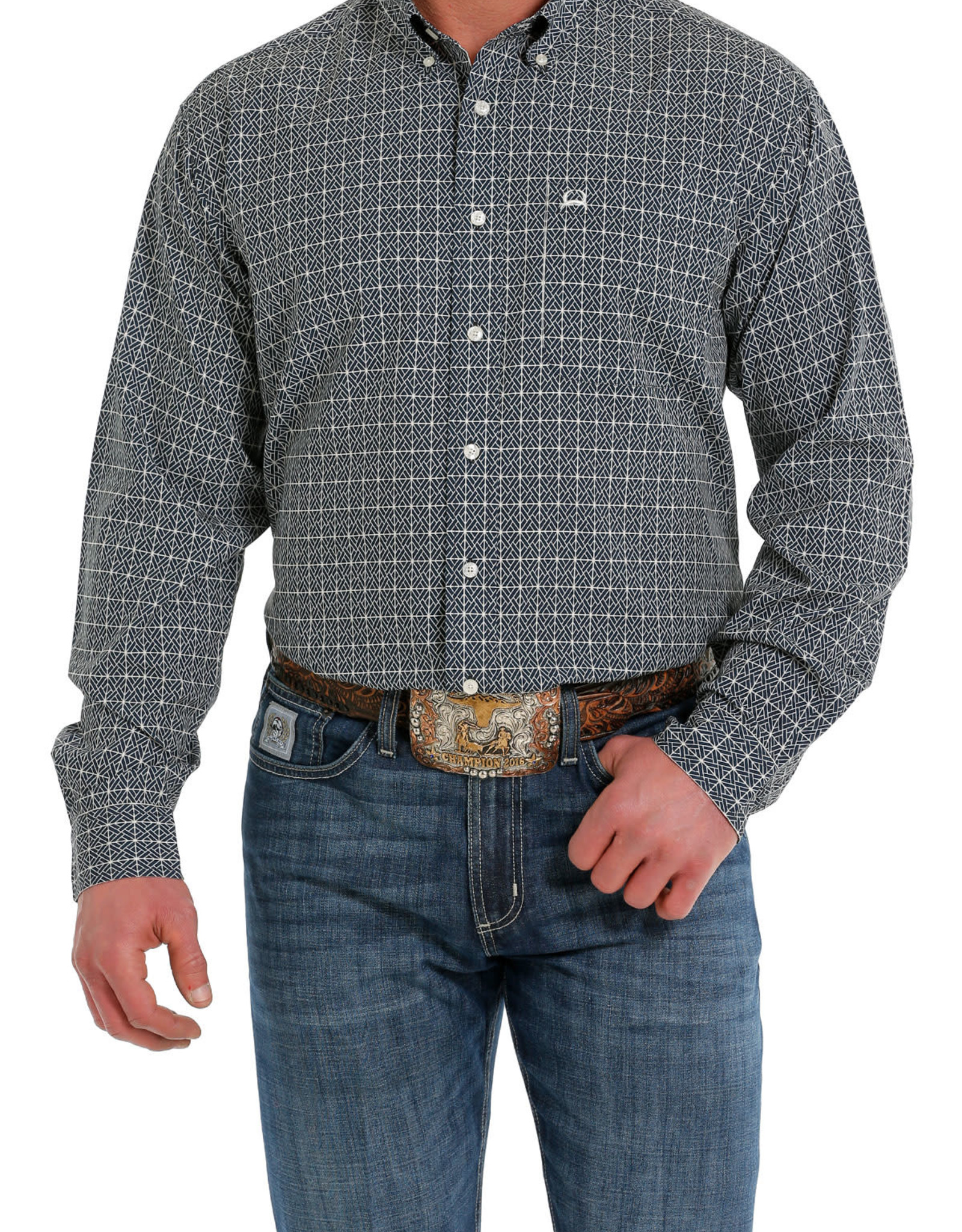 Cinch Mens Cinch ArenaFlex Navy Cream Geo Square Print Long Sleeve Button Shirt