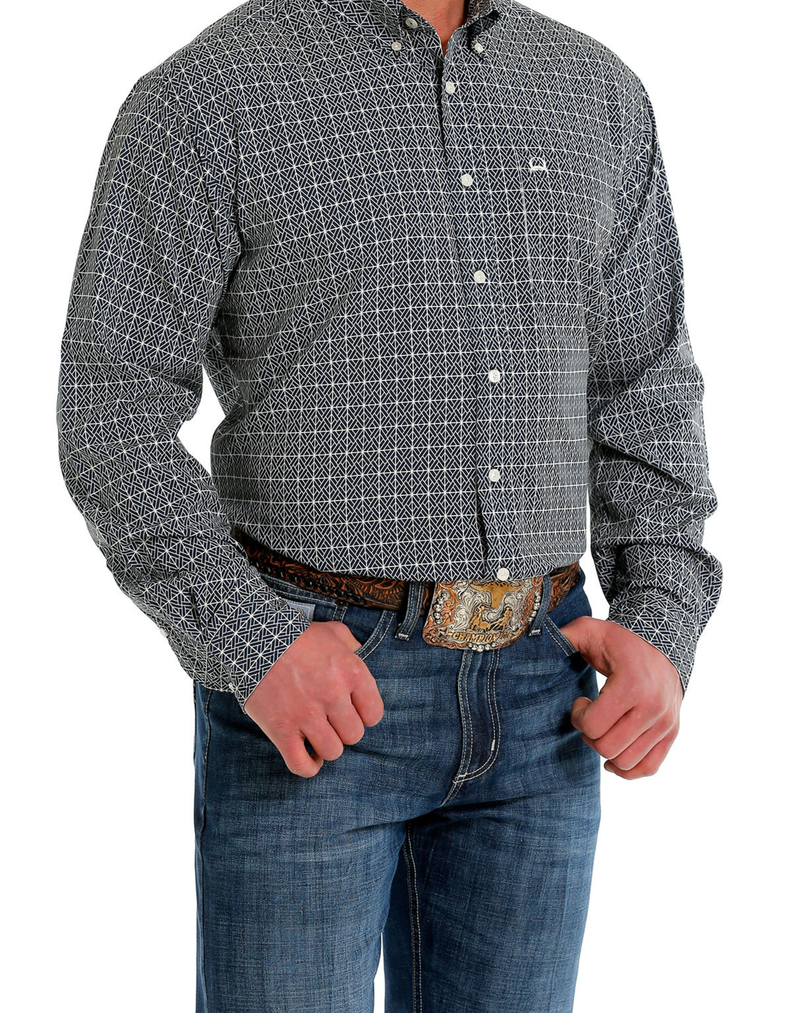 Mens Cinch ArenaFlex Navy Cream Geo Square Print Long Sleeve Button ...