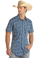 Mens Rock & Roll Denim ReFlex Stretch Royal Blue Paisley Short Sleeve Western Snap Shirt