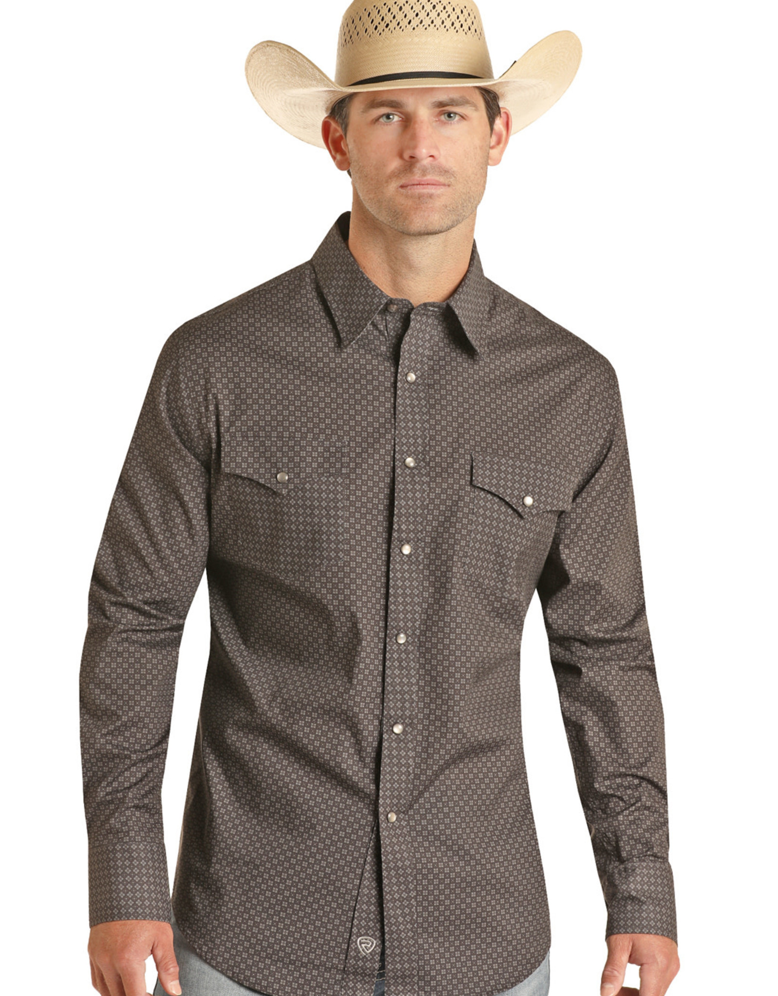 Mens Rock & Roll Denim ReFlex Stretch Black Grey Geo Print Long Sleeve Western Snap Shirt