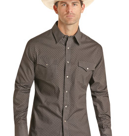 Mens Rock & Roll Denim ReFlex Stretch Black Grey Geo Print Long Sleeve Western Snap Shirt