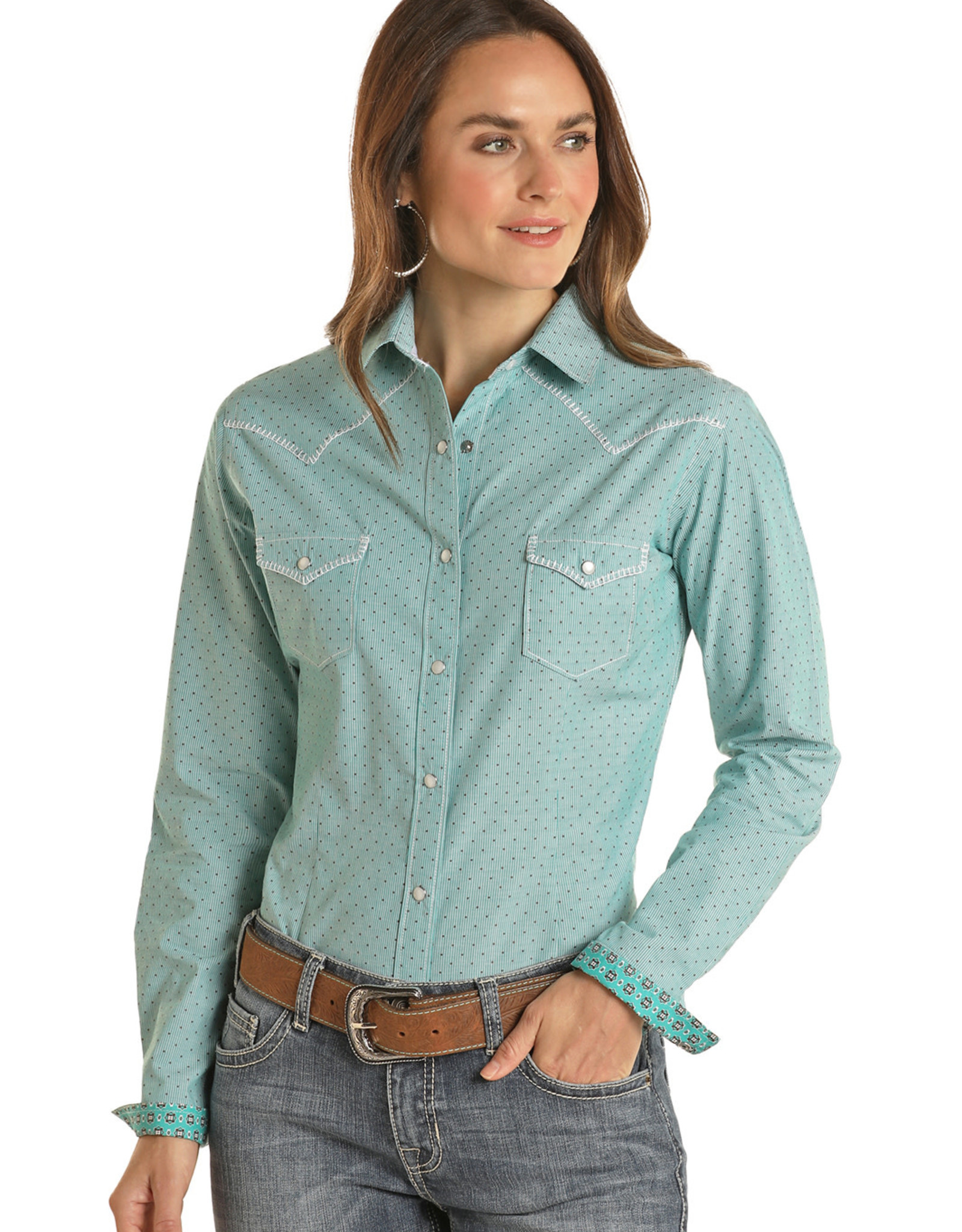 Womens Panhandle Rough Stock Turquoise Chocolate Long Sleeve Western Snap Shirt