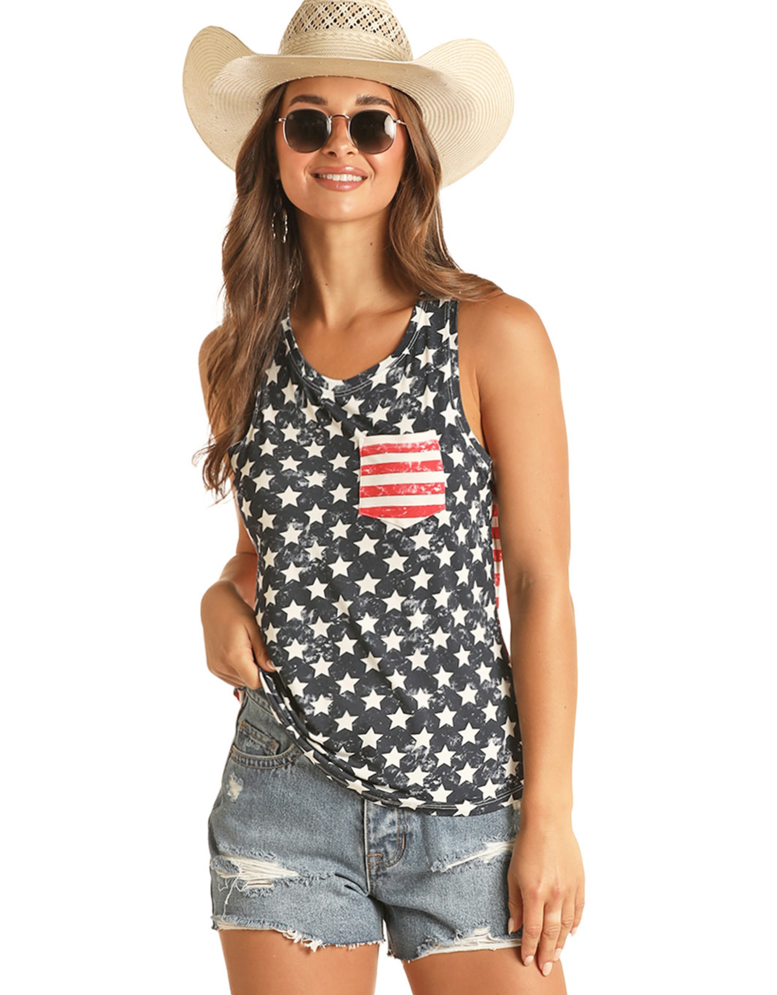 Womens Rock N Roll Denim Red White Blue Flag Tank Top - Cowpokes ...