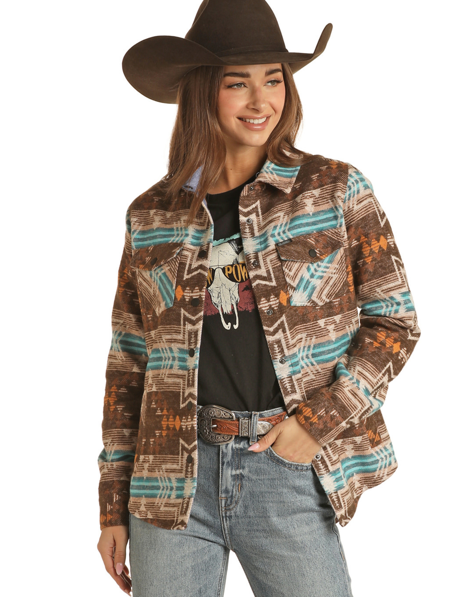 Rock N Roll Denim Womens Brown Turquoise Southwest Shacket Shirt Jacket