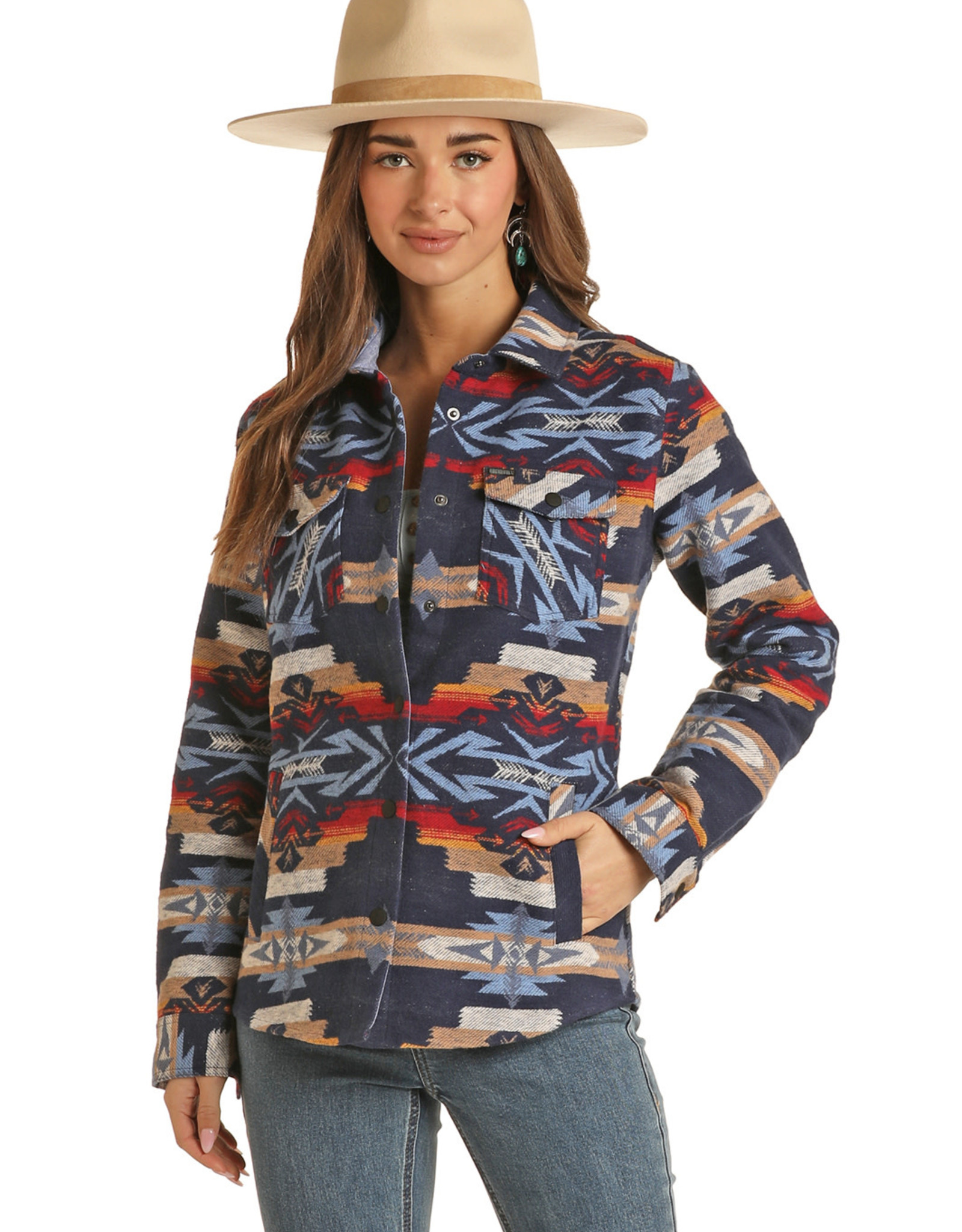 Rock N Roll Denim Womens Dark Indigo Southwest Shacket Shirt Jacket
