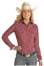 Womens Panhandle Rough Stock Burgundy Black Paisley Retro Long Sleeve Western Snap Shirt