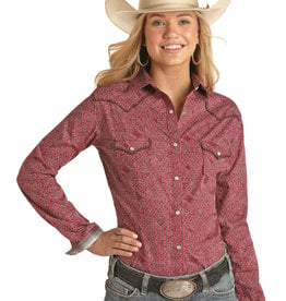 Womens Panhandle Rough Stock Burgundy Black Paisley Retro Long Sleeve Western Snap Shirt