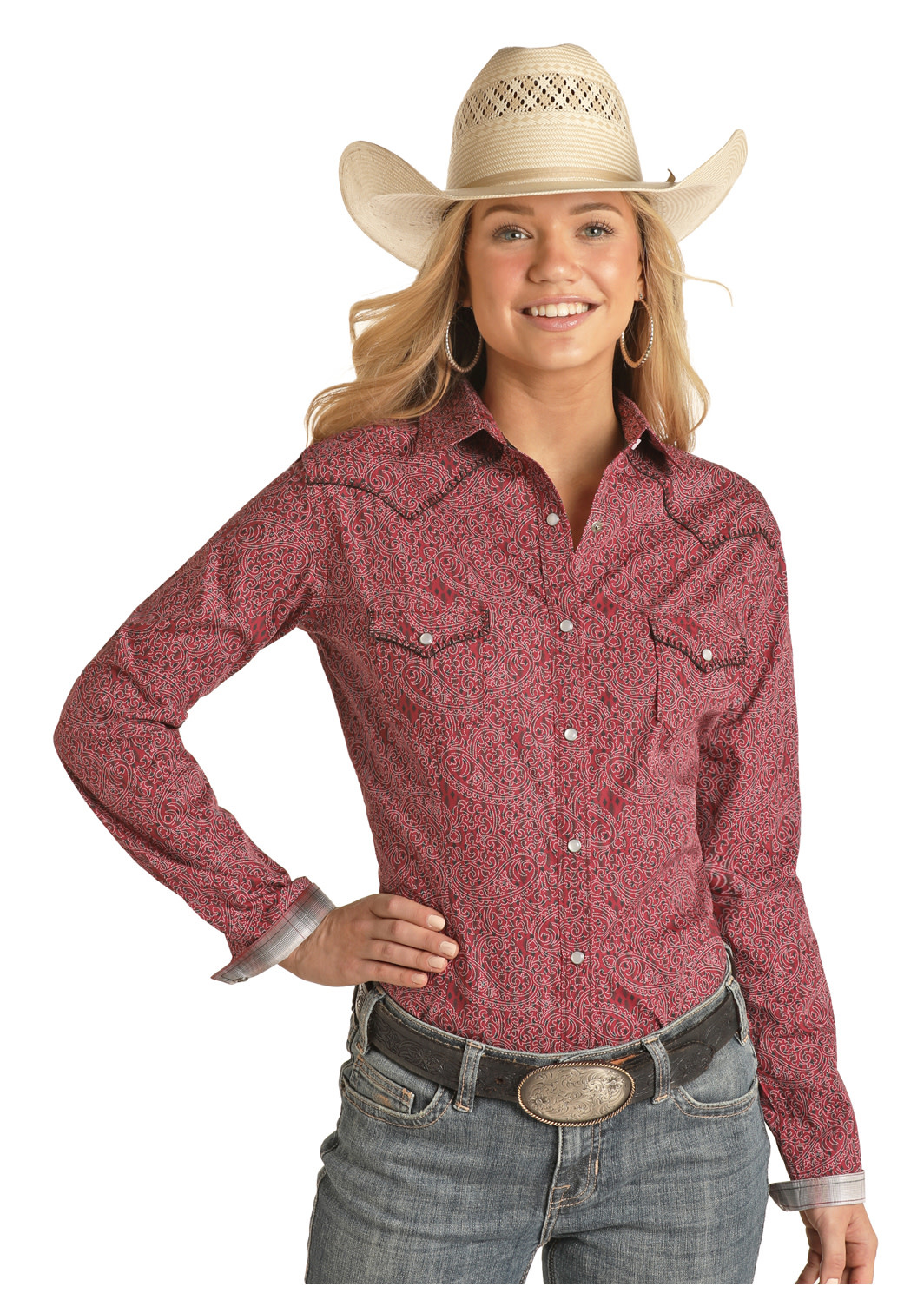 Womens Panhandle Rough Stock Burgundy Black Paisley Retro Long Sleeve  Western Snap Shirt