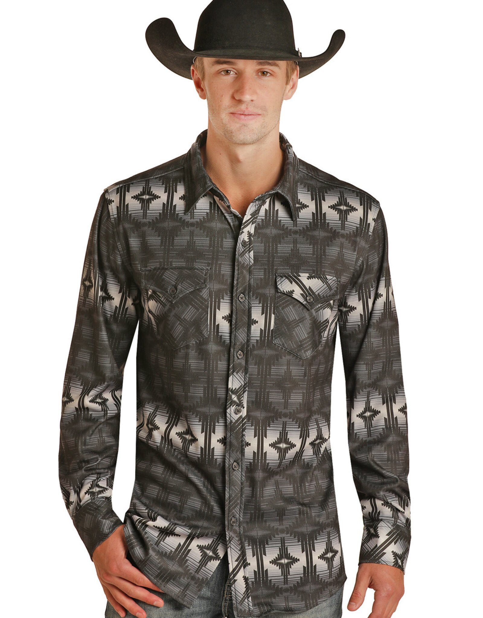 Mens Rock N Roll Black Aztec Long Sleeve Knit Button Western Shirt