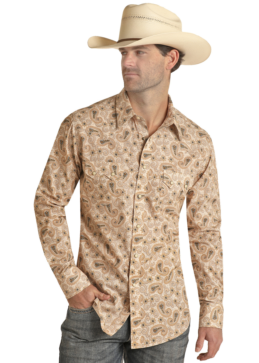 Mens Rock N Roll Vintage 46 Cream Paisley Western Snap Shirt