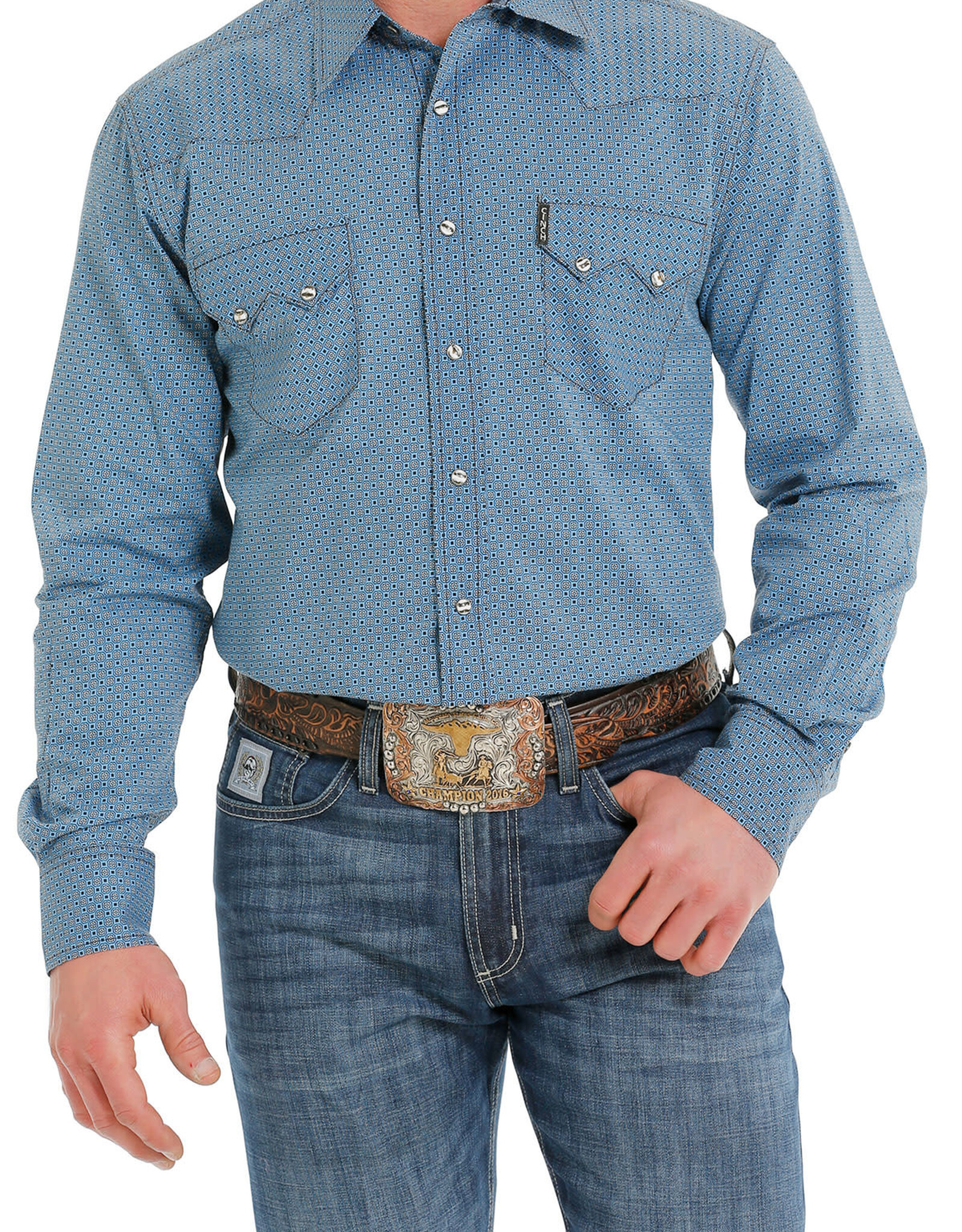 Cinch Mens Modern Fit Cinch Blue Geo Print Long Sleeve Western Snap Two Pocket Shirt