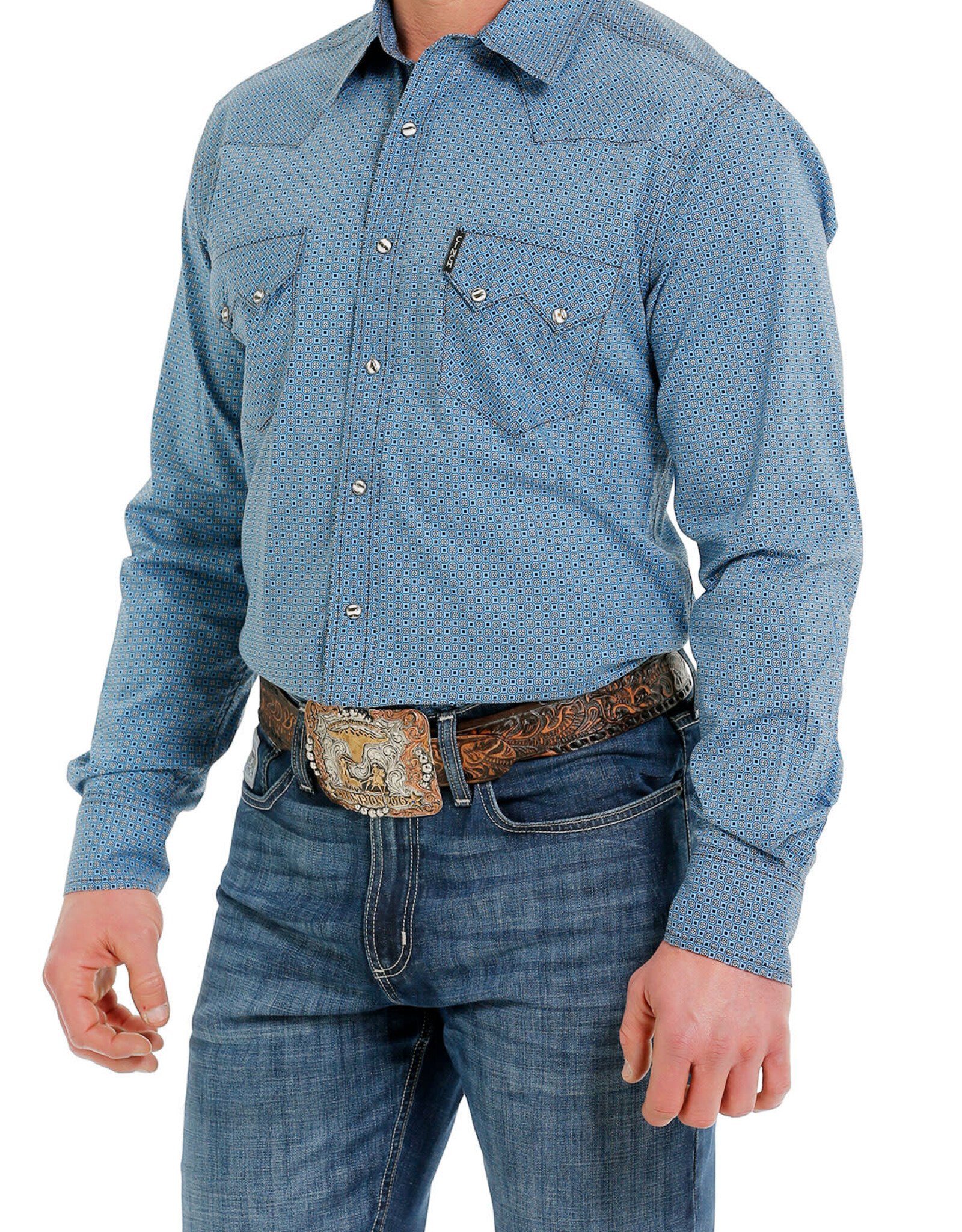 Cinch Mens Modern Fit Cinch Blue Geo Print Long Sleeve Western Snap Two Pocket Shirt