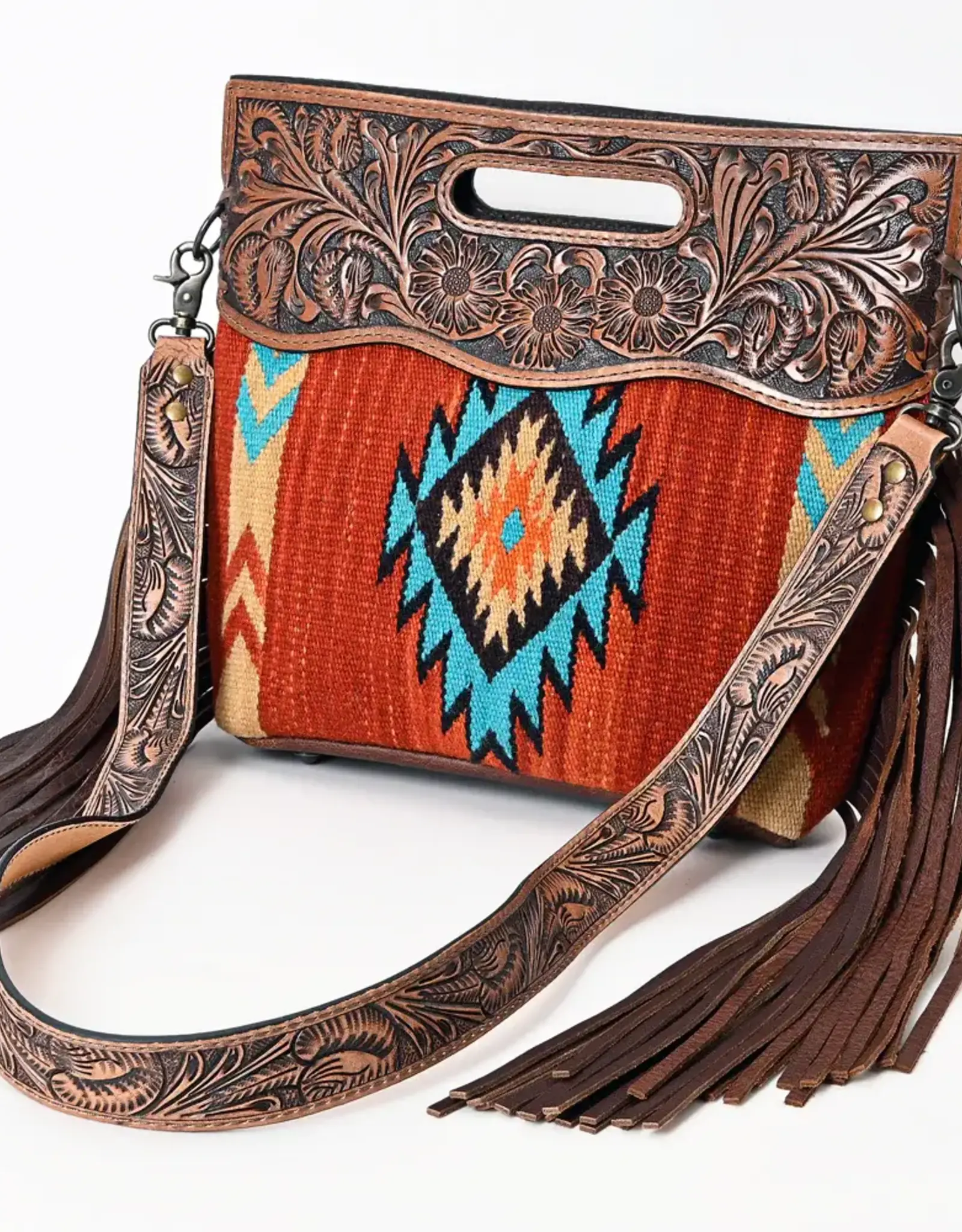 American Darling American Darling Tooled Full Grain Leather Saddle Blanket Clutch Crossbody Purse